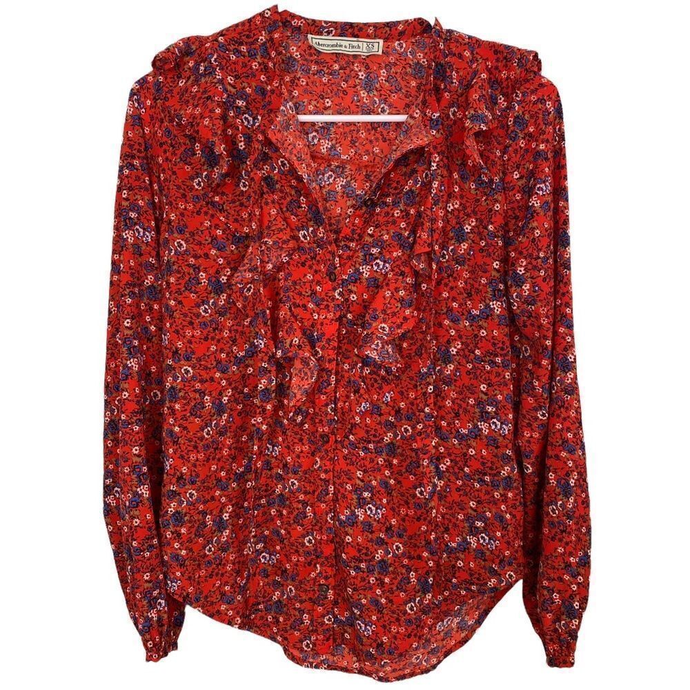 Abercrombie & Fitch Blouse Women XS Red Floral Ruffle V-Neck Long Sleeve‎